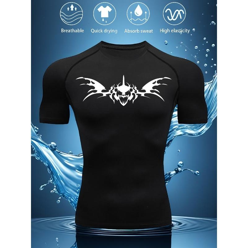 Mens Black Compression Short Sleeve T-Shirt White Tribal Skull With Wings Graphic Breathable Quick Dry High Elasticity Gym And MMA Athletic Top