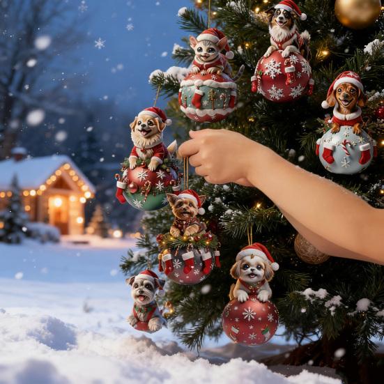 12 Pcs Wooden Christmas Ornaments Cartoon Cat/Dog On The Ball Christmas Hanging Decorations for Xmas Tree Car Window Decor