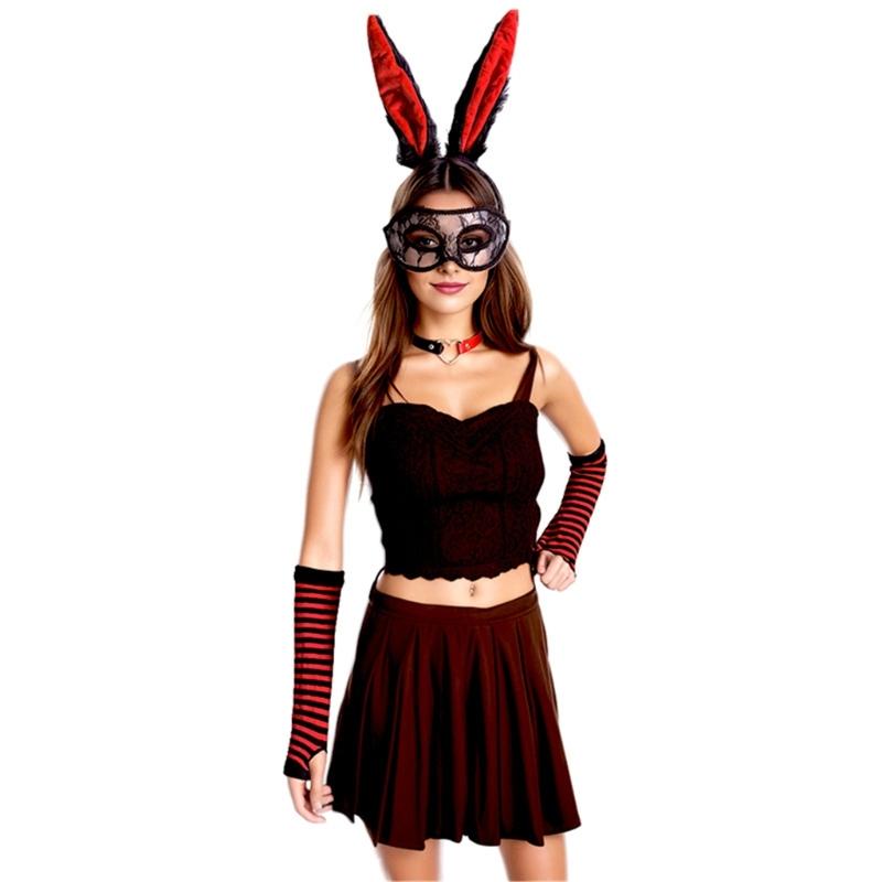Women Bunnies Costume Including Ear Headband,Collar,Gloves Mask and Tail Accessories for Easter Halloween Cosplay Party