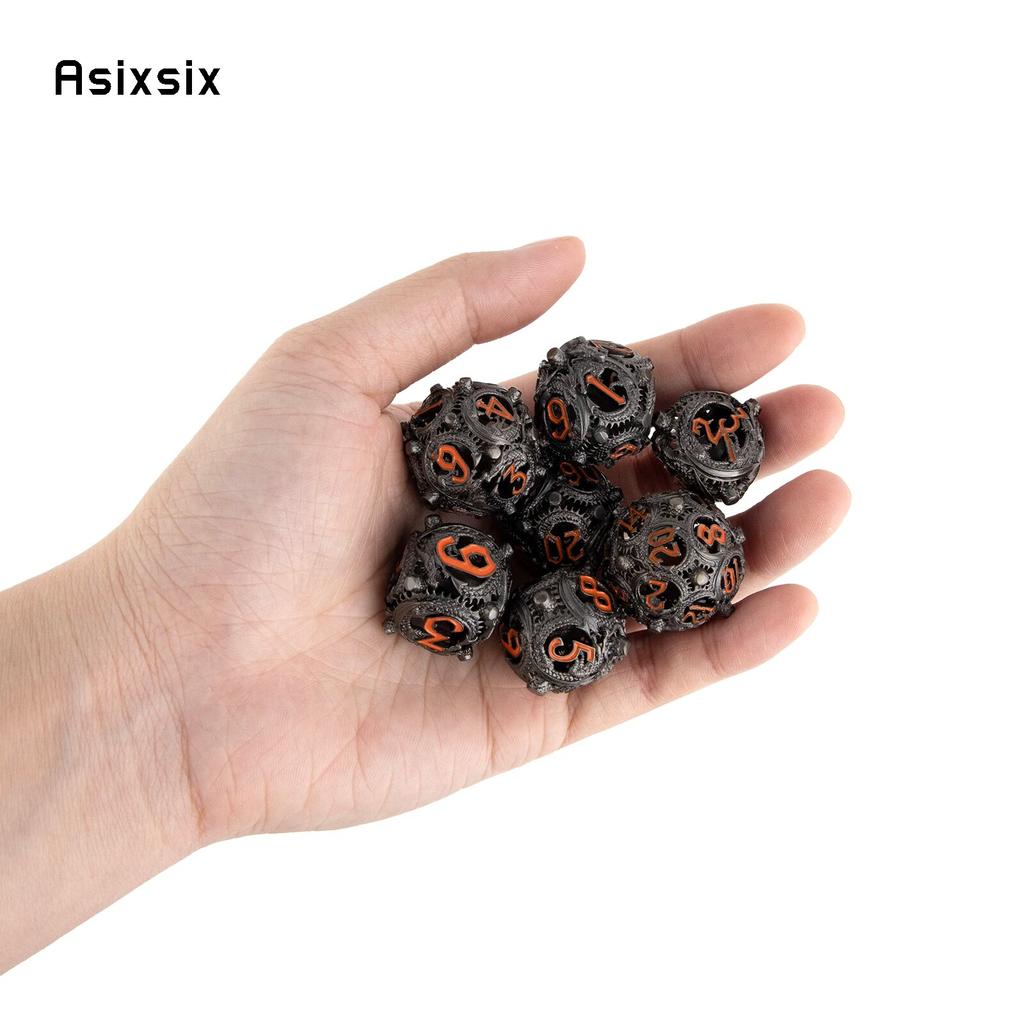 7 Pcs Black Orange Circular Dragon Metal Dice Hollow Metal Polyhedral Dice Suitable for Role-Playing RPG  Board Game Card Game