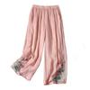 Women's 2024 Retro Cotton-Linen Wide-Leg Embroidered Pants - Summer Lightweight Nine-Point Casual Trousers.