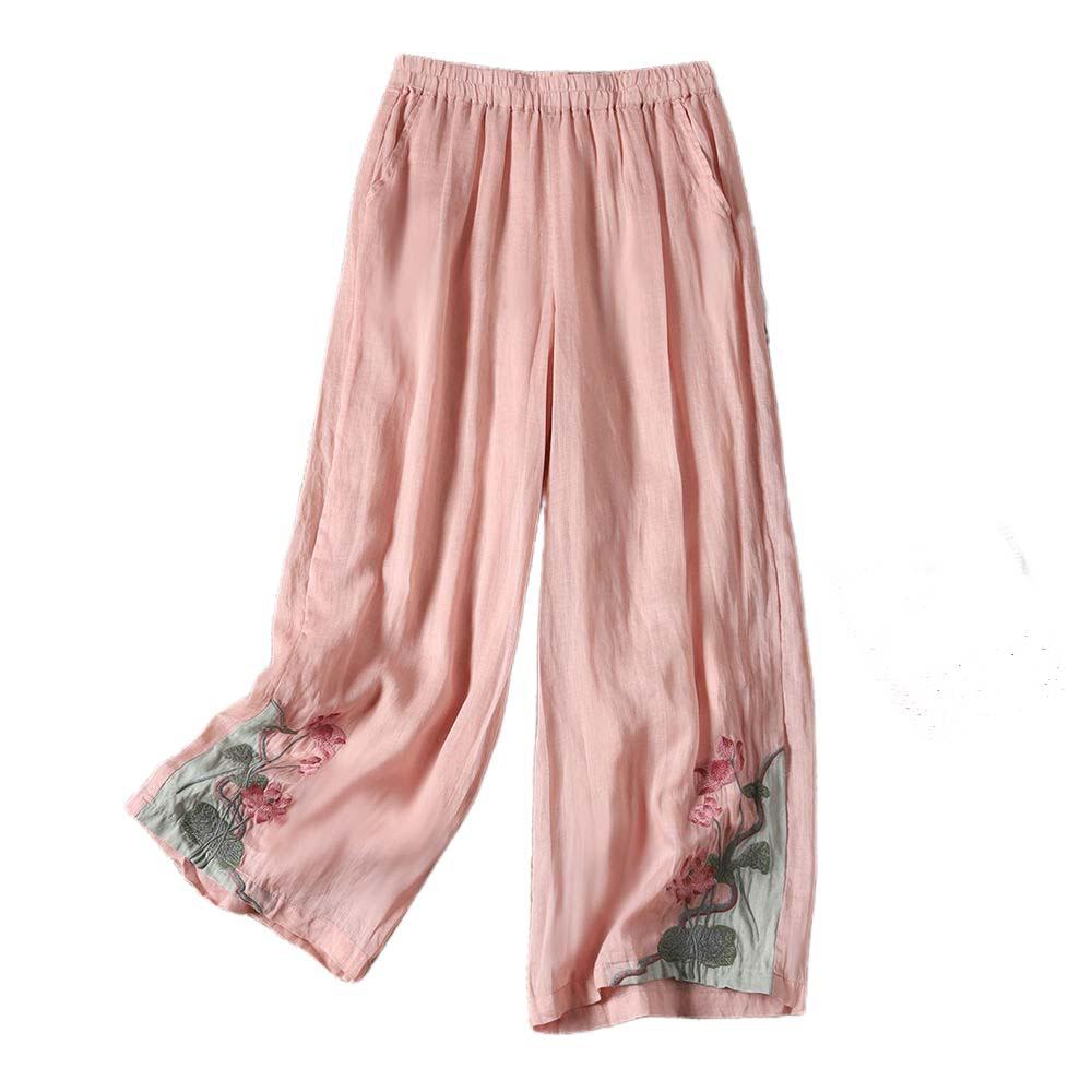 Women's 2024 Retro Cotton-Linen Wide-Leg Embroidered Pants - Summer Lightweight Nine-Point Casual Trousers.