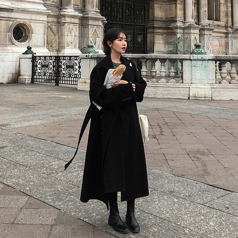 Wollmantel Damen Winter Verdickt Hepburn-Stil Extra Lang Knöchellang und Knielang Locker Retro Beliebt Wollmantel