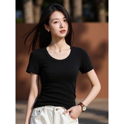 Be Careful with U-neck Slim-fitting Short-sleeved T-shirt for Women's Summer New Korean Waist-pinched Slim Bottoming Shirt Spice Girl Top