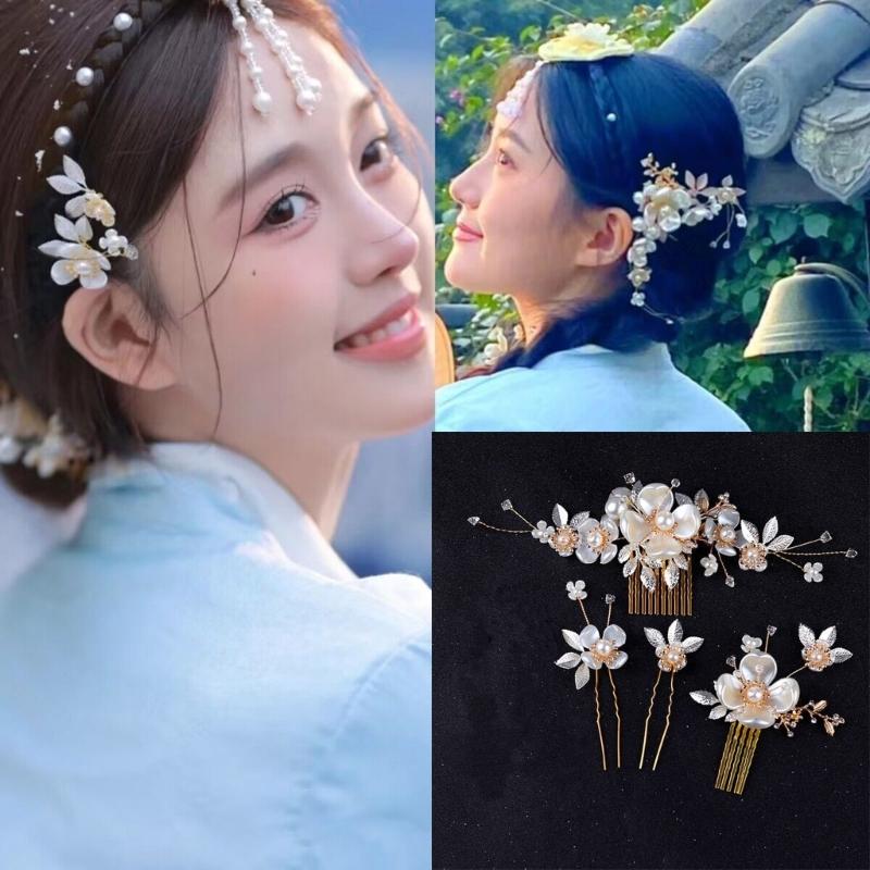 Ethnic Style Hairband Korean Hanbok Stage Performances Hairband Pearls Rhinestones Hair Combs Ornaments for Bridal