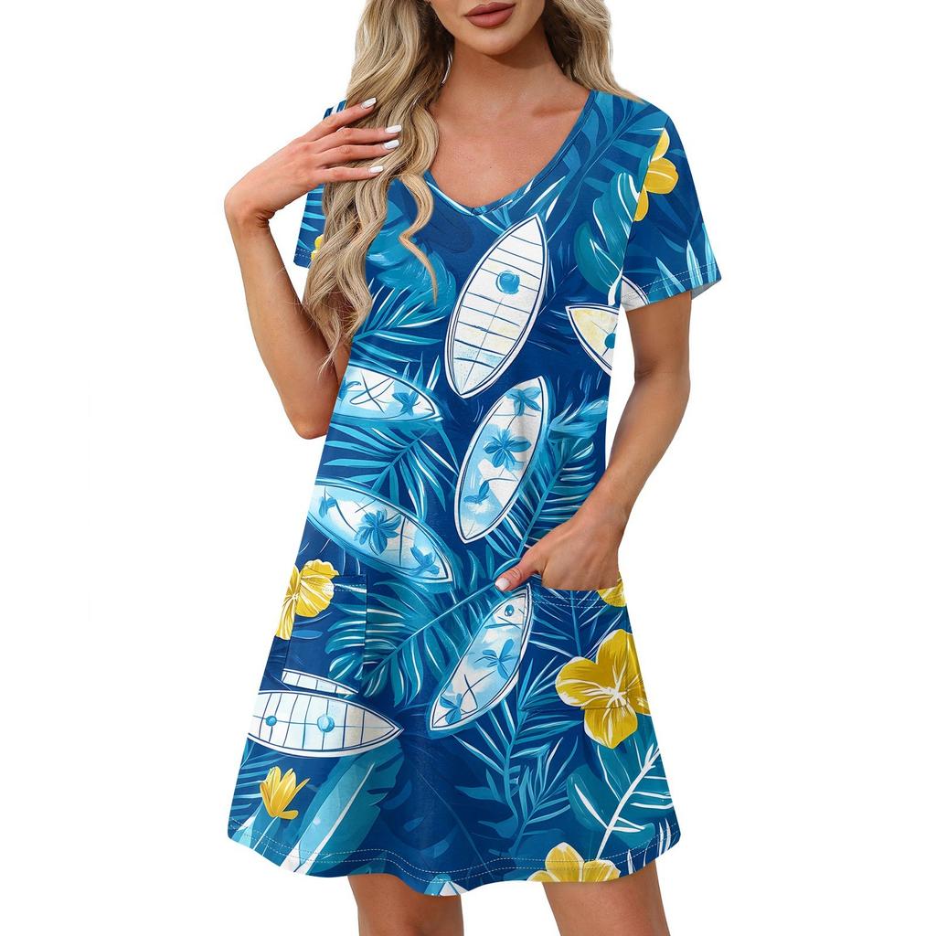 Women's Fashion Casual Printed With Pockets Bohemian Beach V-Neck Short Sleeve Dresses
