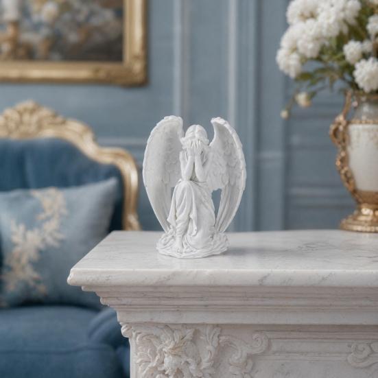 3D-printad ängelfigur, Liten hukande ängel Bordsdekoration, Vitvingad ängelskulptur för Hemträdgårdsdekoration