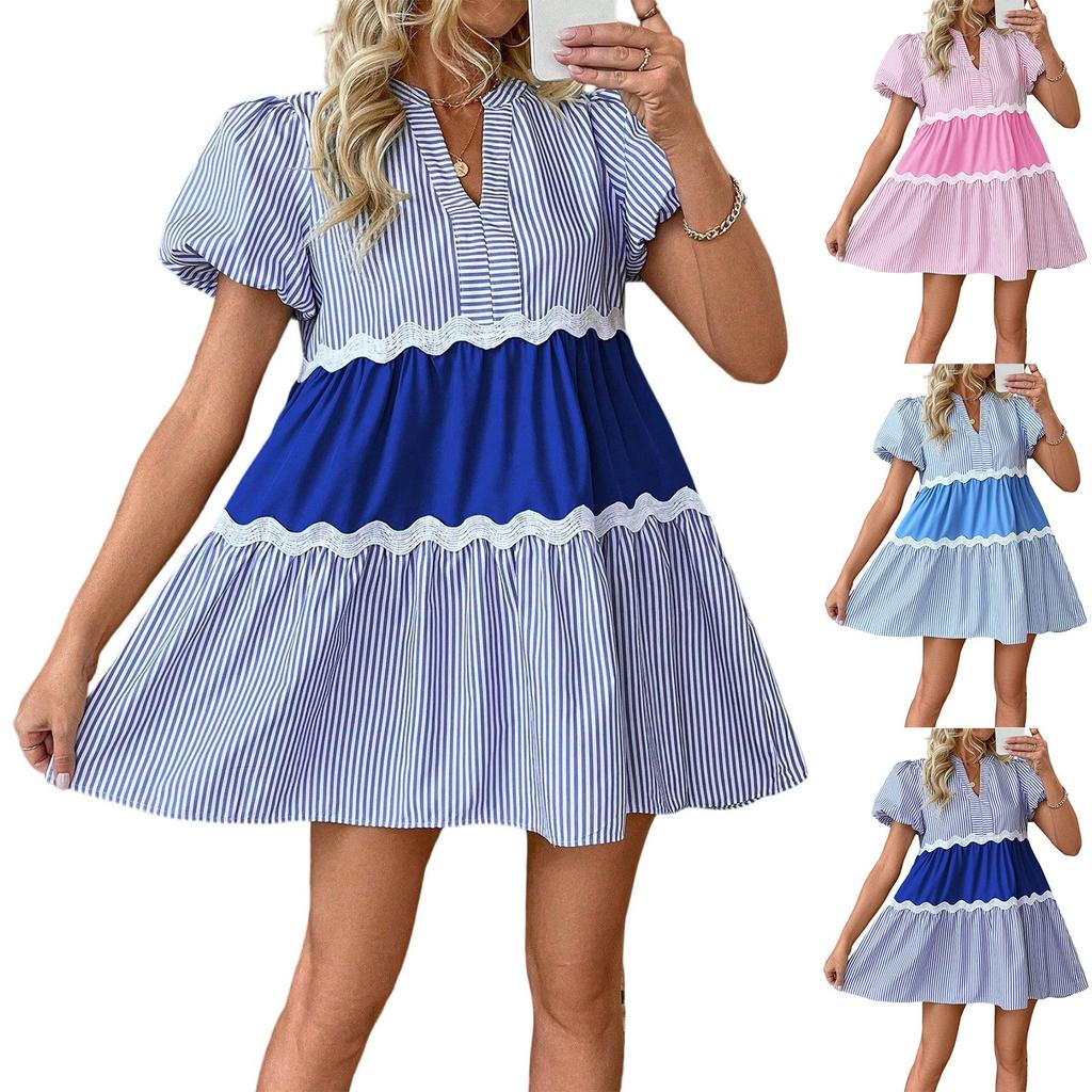 Ladies' Summer Fashion A-line Dress With Lace Stripe Print Splicing Loose And Cool Stand Up Collar Dress
