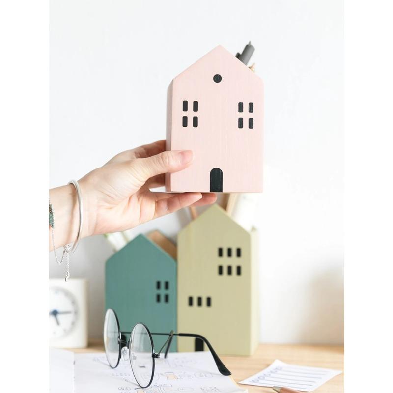 Cartoon House Wooden Pen Holder Pencil Container Makeup Brush Stationery Dispenser Box Student/ Office Desktop Storage Organiser