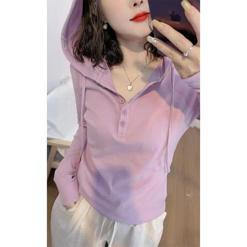 

40s Pure Cotton Hooded Long Sleeve T-Shirt: 92% Cotton, 8% Spandex, Half-Open Collar, Casual Loose Slimming Design. 2XL