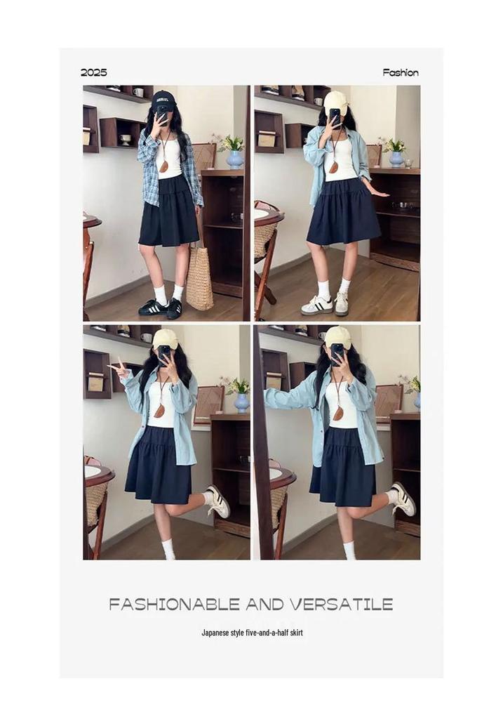 Women's Navy Blue High-Waisted A-Line Skirt, Slimming & Anti-Exposure, Tiered Japanese Academy Style, Half-Length Short Skirt