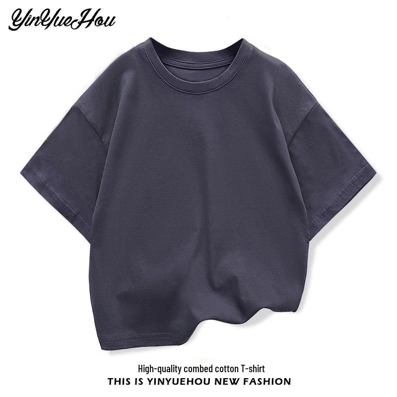 Boys' Summer Korean Style Solid Color Drop Shoulder T-Shirt, Loose Fit, Half Sleeve