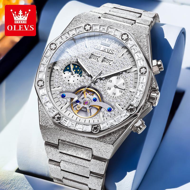 

Мужские часы Olis с большим циферблатом, инкрустированные бриллиантами, многофункциональные, автоматические, механические