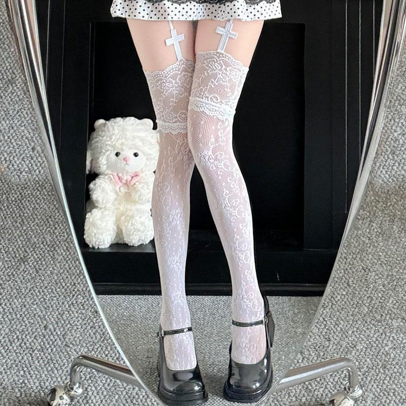 Schwarz Weiße Strümpfe mit Spitzenmuster und Kreuzdesign Ultra-dünne Hohle Lange Strumpfhose Netzstrümpfe Strumpfhose Sexy Party