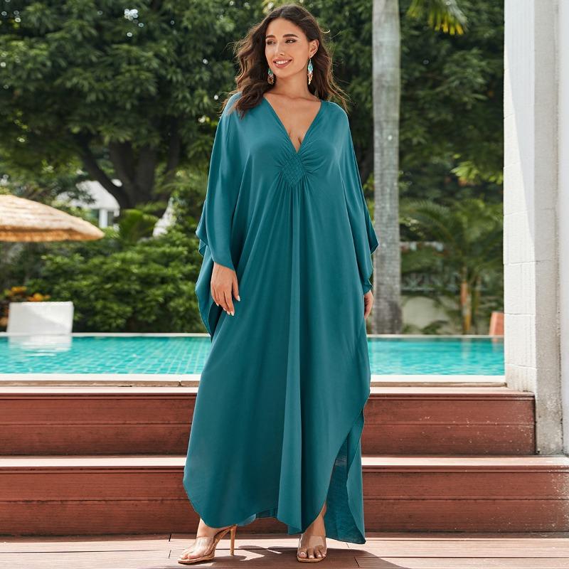 Women's Fashion Spring Fall Solid Color Print Long Sleeve V-Neck Loose Waistline Casual Dresses
