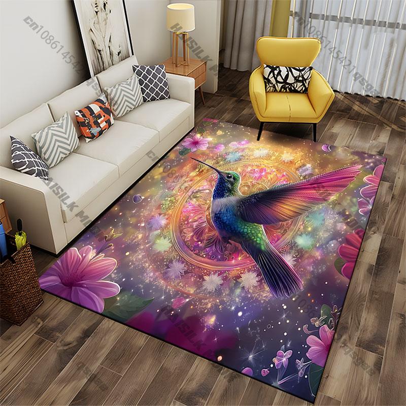 Vibrant hummingbird amidst flowers carpet Yoga living room room decor children's crawling mat doormat area rug games mat