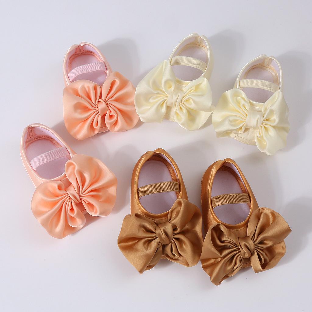 Girls Solid Color First Walkers Shoes & Big Bow Headband Set - Soft Sole Non-slip Toddler Shoes with Grip Dots