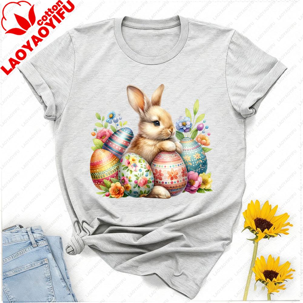 Easter Bunny Tshirt Cute Rabbit With Vibrant Floral Decorated Eggs Kawaii Graphic Festive Casual Looks For Spring Celebrations