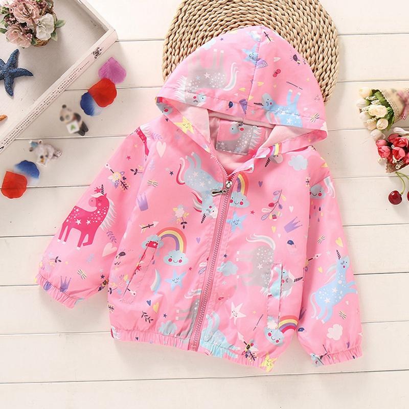 2-10 Years Kids Girls Printed Hooded Coat Thin Zipper Jacket