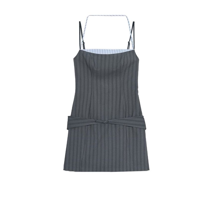 

Fall New Women s Clothing French Style Straight-leg Collar Sleeveless Sling Contrast Color Stripes Patchwork Dress 8577148 Gray L