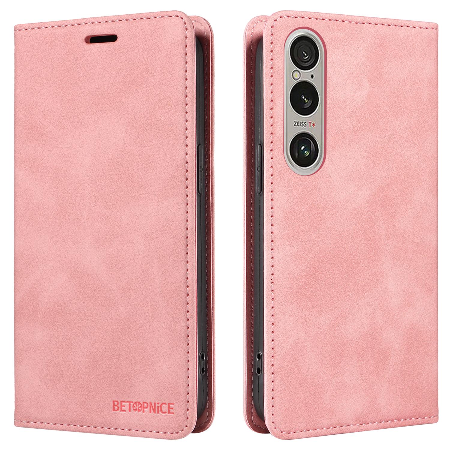 

BETOPNICE 003 For Sony Xperia 1 VI Case RFID Blocking Leather Phone Cover Strong Magnetic Pink