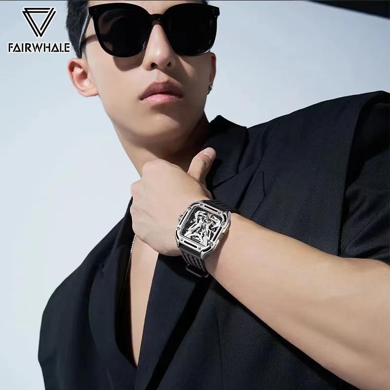 FAIRWHALE Automatic Movement Tourbillon Fashion Skeleton Square Dial Sports Waterproof Mechanical Watches for Men with Box 6530