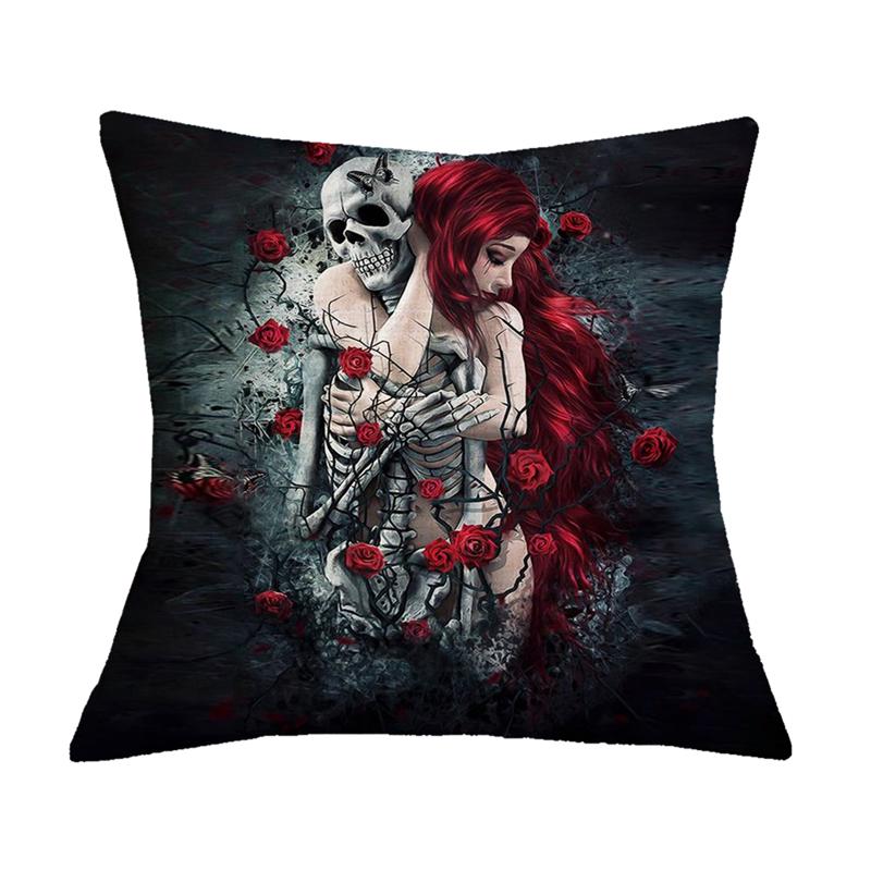 Undead Flower Skeleton Print Pattern Cushion Cover for Home Living Room Sofa Decoration Square Pillow Cover