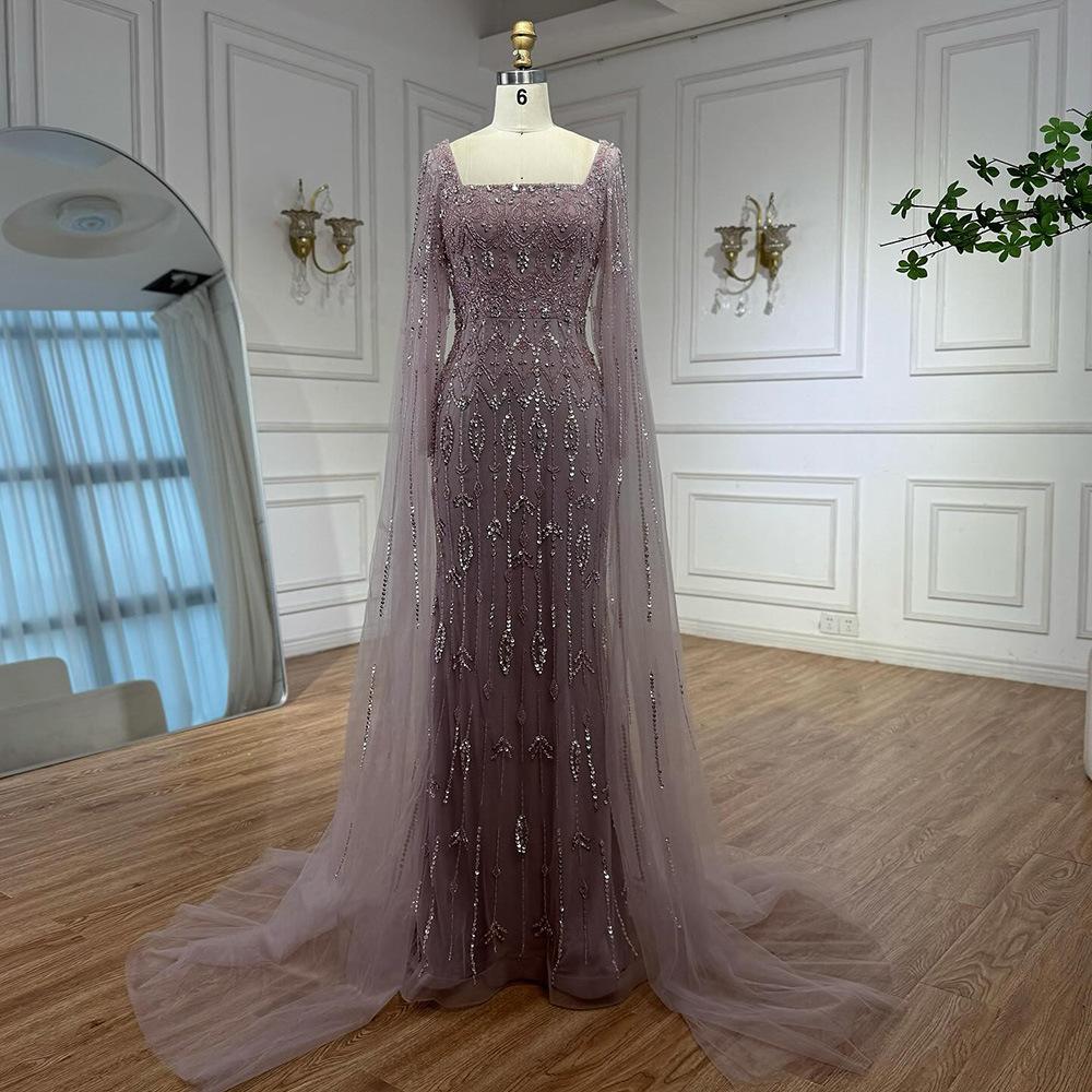 Caramel color flying sleeve evening dress, high-end bead fishtail art exam solo host long dress LA11911