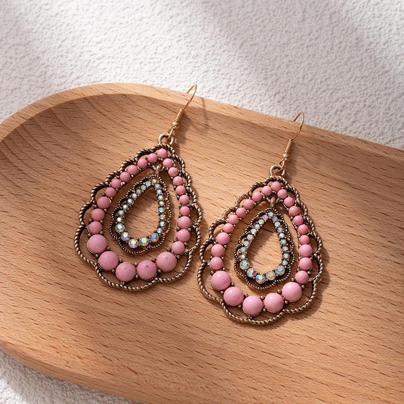Vintage Ethnic Style Hollow Stud Earrings Female Geometry Drop-Shaped Turquoise Earrings Bohemian Vacation Wind Ear Jewelry
