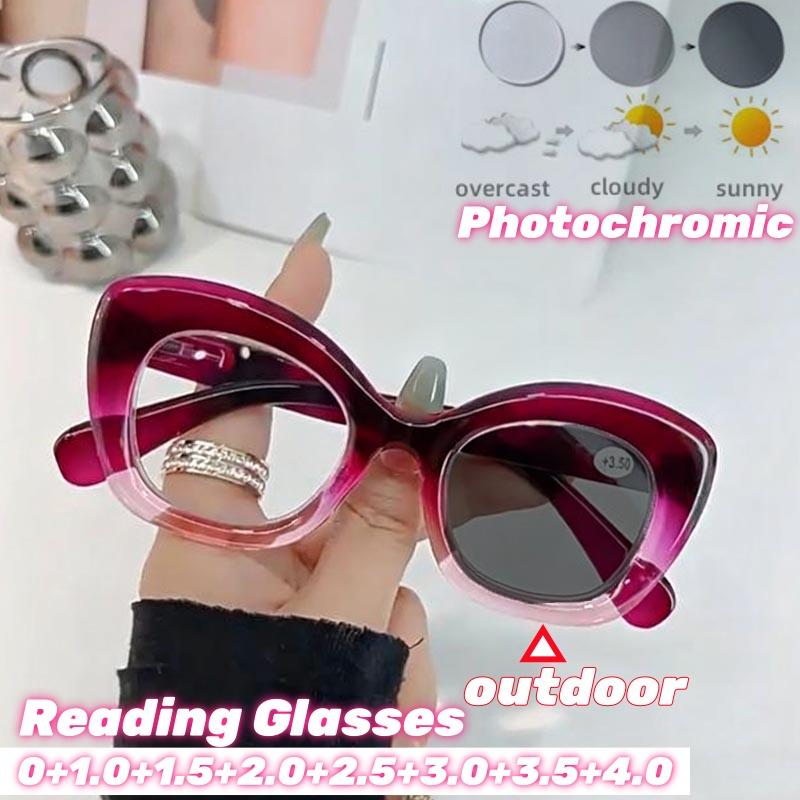 Trendy Luxury Photochromic Reading Glasses Women Vintage Cat Eye Color Changing Presbyopia Glasses Men High-definition Eyewear