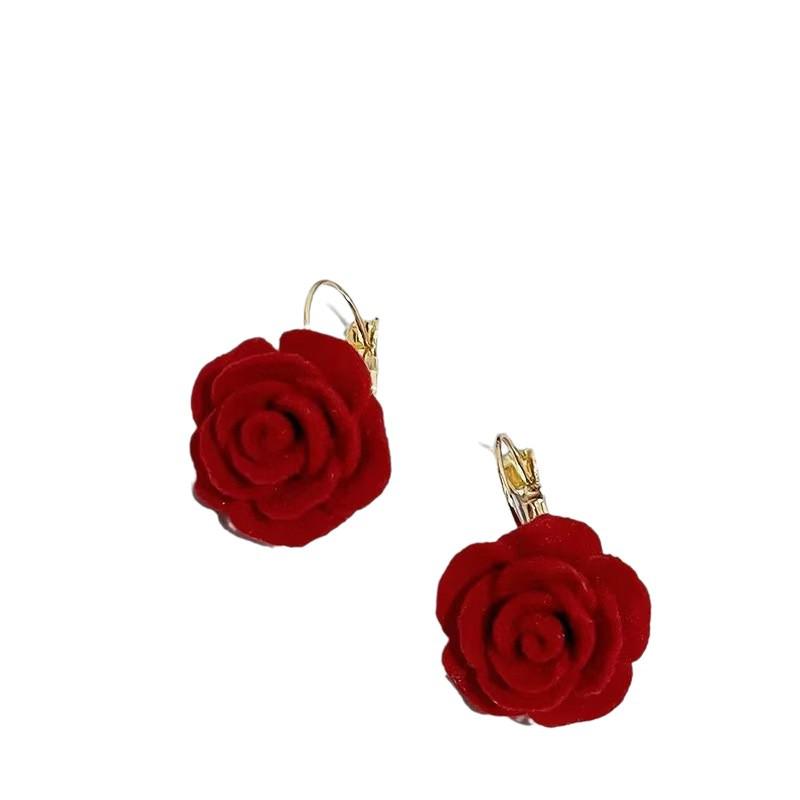 Elegant Retro Red Rose Flower Earrings for Women: Flocking Studs & Clip-Ons