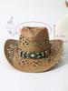 Unisex Turquoise Stone Decorated Hollow Straw Cowboy Hat Beach Summer Casual UV Protection
