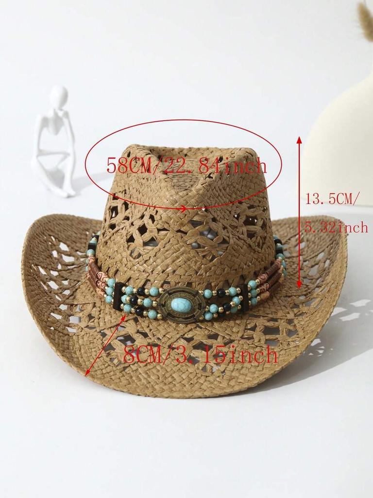 Unisex Turquoise Stone Decorated Hollow Straw Cowboy Hat Beach Summer Casual UV Protection
