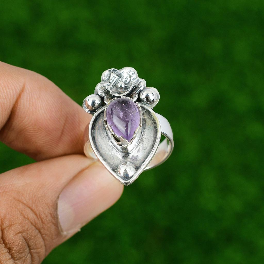 925 Silver Natural African Amethyst Stackable Flower Adjustable Ring