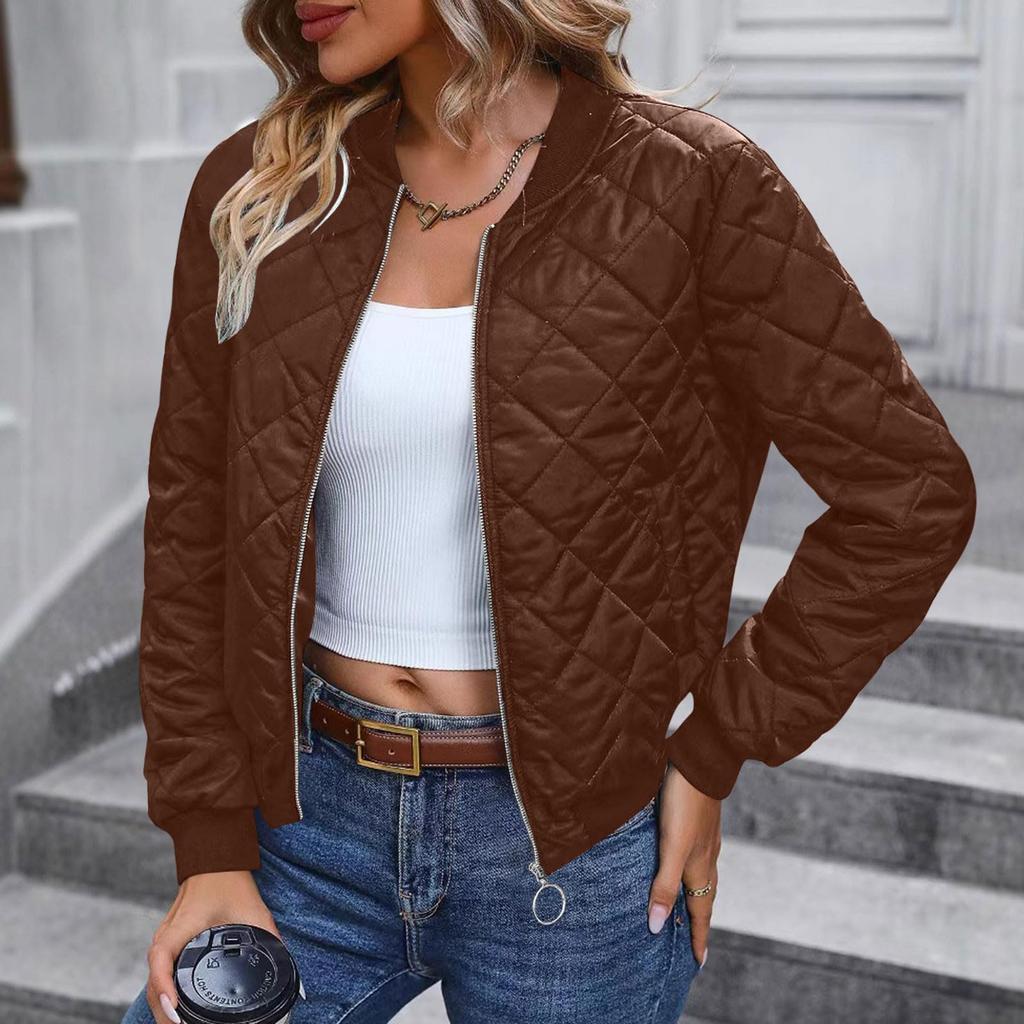 Ladies Zipper Long Sleeve Stand Collar Check Slim Baseball Padded Top Blouse Jacket Coat