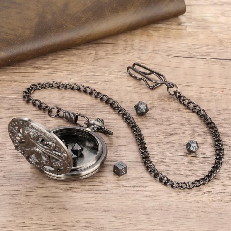 Unique Pocket Watch Case with 7pcs/set Metal Polyhedral Dices Pendant Fob Chain