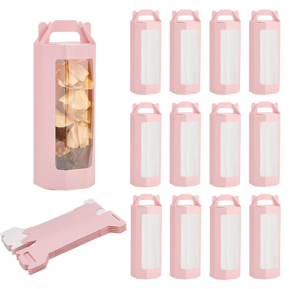 10Pcs Paper Gift Storage Boxes with Visible Window Packaging Carton Boxes Octagon Pink 8.8x3.5x24.5cm