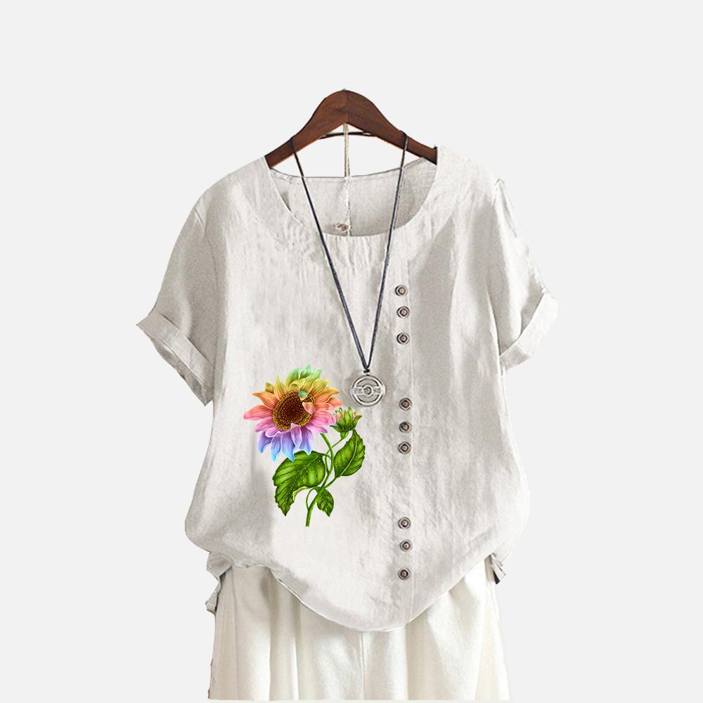 Women Fashion Floral Print T-shirt Summer&fall Casual O Neck Short Sleeve Top Pullover Loose Cotton Linen Blouses