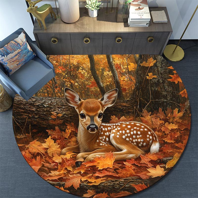 Autumnal Fawn Round Area Rug,Carpet Rug for Living Room Bedroom Sofa Playroom Decor,Non-slip Floor Mat