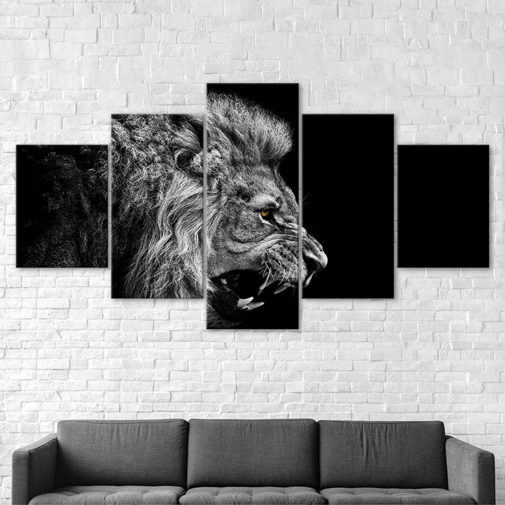 Roaring Lion Face Side View 5 Piece Five Panel Wall Canvas Print Modern Art Poster Home Decor Gift For Him For Her