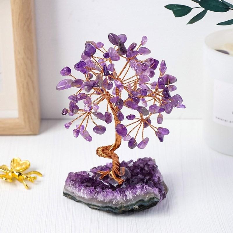 Fengshuis Crystal Bonsais Money Tree with Amethysts Cluster Base for Wealth and Prosperity Home Office Desktop Decors