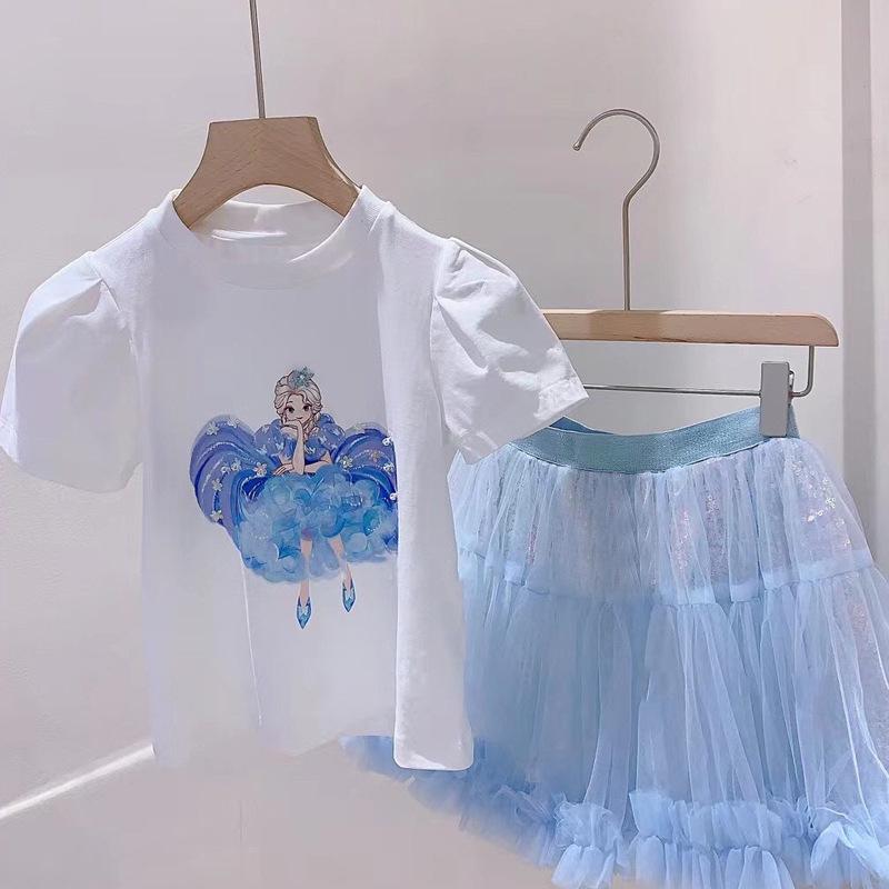 2024 Girls' Frozen Two-Piece Summer Suit: Short-Sleeve T-Shirt & Skirt