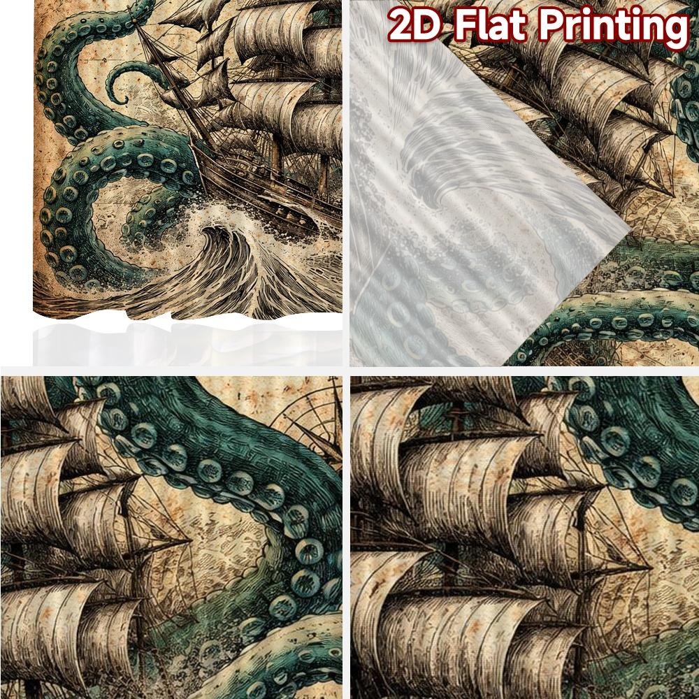 2D FLAT PRINTING 2pcs Curtains (Without Rod) Kraken Attacks Ship Modern Minimalist Curtains Machine Washable Fabric Curtains