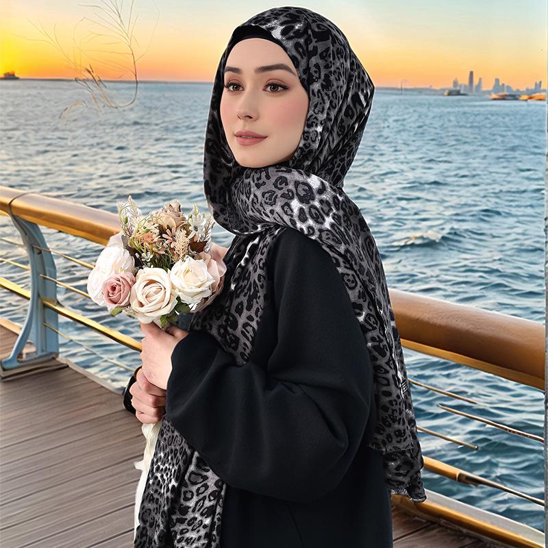 Yto Home Women's Leopard Print Satin Silk Scarf Hijab Woman Muslim Hijabs Shawl Rayon Cotton Wraps Islam Turban Headscarf 182*85Cm