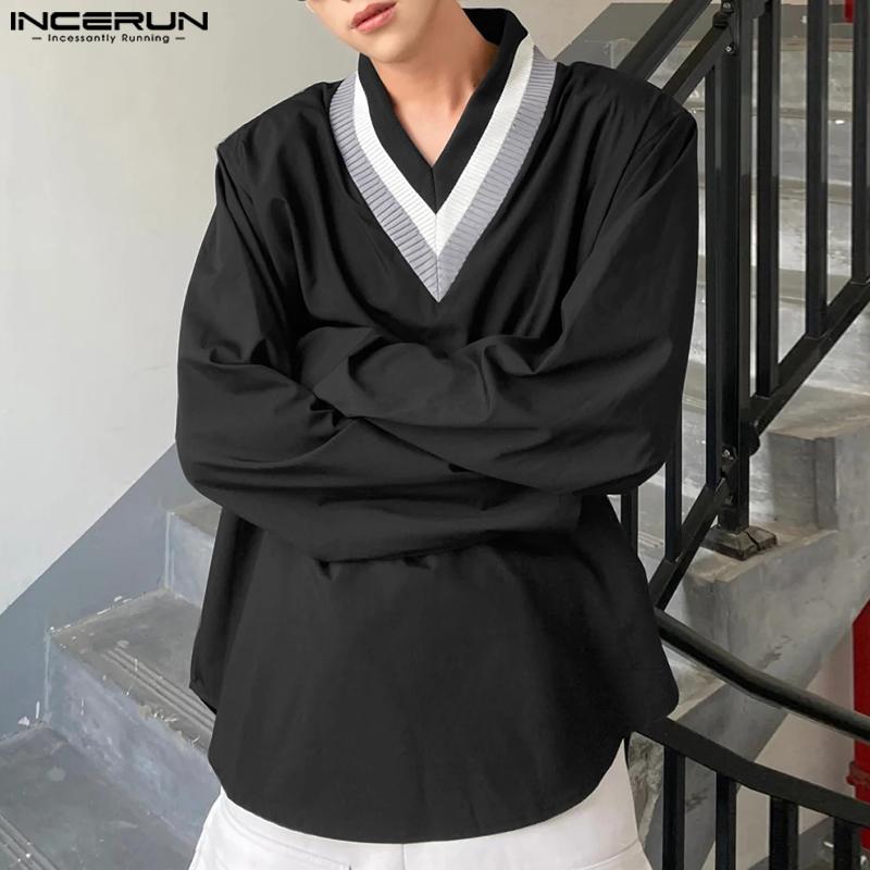 INCERUN Oversized Men V Neck Striped Long Sleeve Tops Casual Loose T-shirts