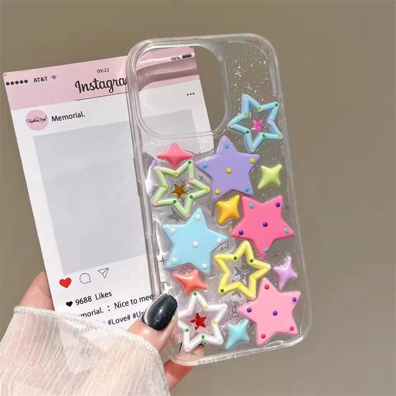 Glitter Bling 3D Dopamine Stars Protection Case For iPhone17 Air 16 E 15 14 13 12 11 Pro Max Plus X XR 7/8 SE Lovely Epoxy Transparent Acrylic Cover