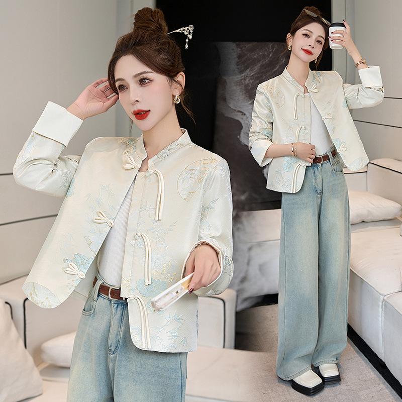 Blue jacquard jacket women's spring and autumn new temperament age-reducing button-up top