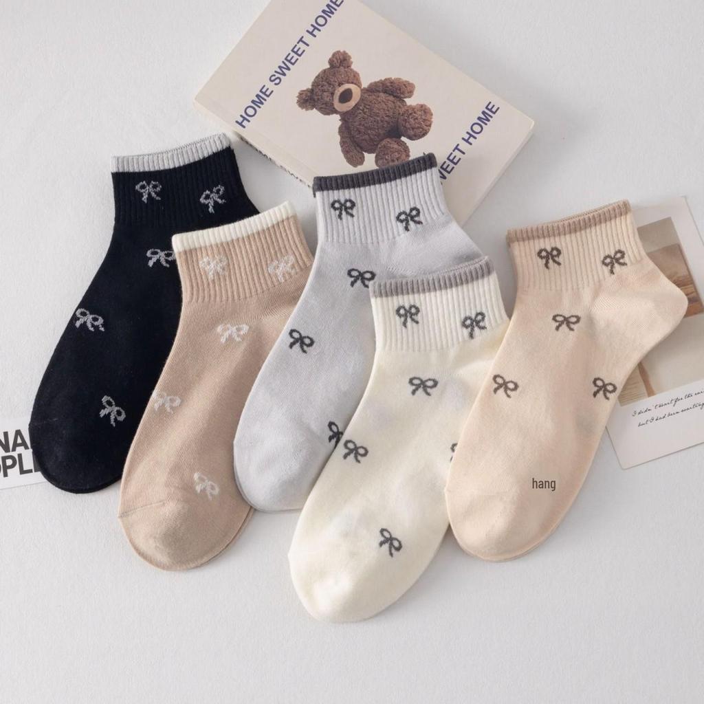 Spring/Summer Korean-Style Bow Knot Non-Slip Boat Socks - Coffee Color, Breathable, Low Cut.