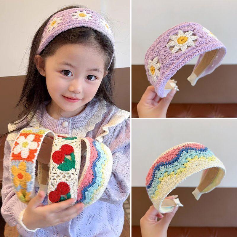 Children's sweet knitted embroidery wool flower headband girl finishing broken hair artifact wide edge headband hair accessories hairpin