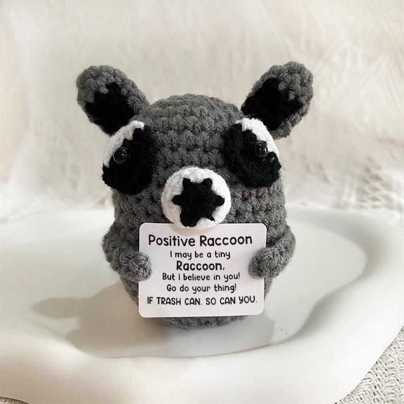 

Funny Emotional Support Positive Crochet Raccoon Doll Cute Handmade Knitted Positive Raccoon Desktop Room Decor Christmas Gifts